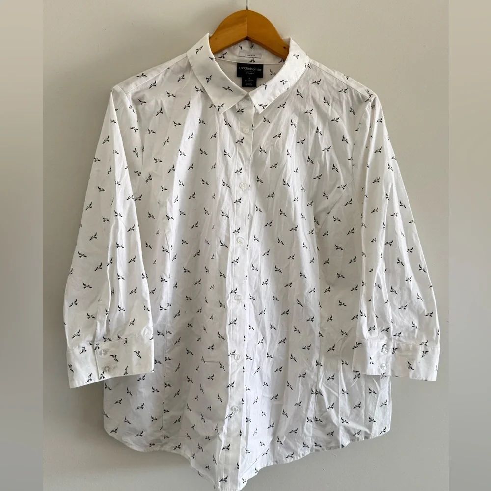 Liz Claiborne Pearl Snap Long Sleeve Career Button-Front Blouse 1X Bird Print